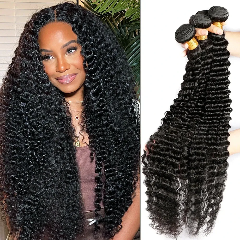 Perruques Poules à vagues profondes HEURS HUMAIN 30 32 pouces Brésilien Brésilien Black 3 4 Packles Deal Virgin Hair Curly Hair Extensions