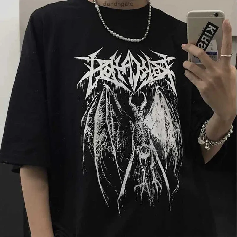 Svart demon punk gotisk anime tryck t-shirt harajuku y2k toppar tshirt sommar överdimensionerad t-shirt retro män kvinnor kläder streetwear 240424