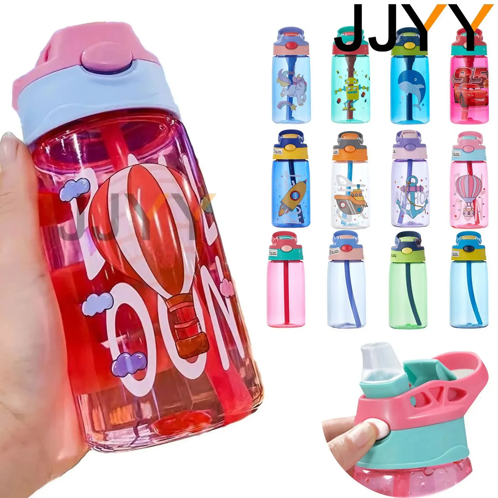 JJYY 480 ml Kids Sippy Cup Butelki z wodą Kreatywne karmienie kreskówek ze słomkami i pokrywkami Proof Portable Toddlers Drinkware 240418
