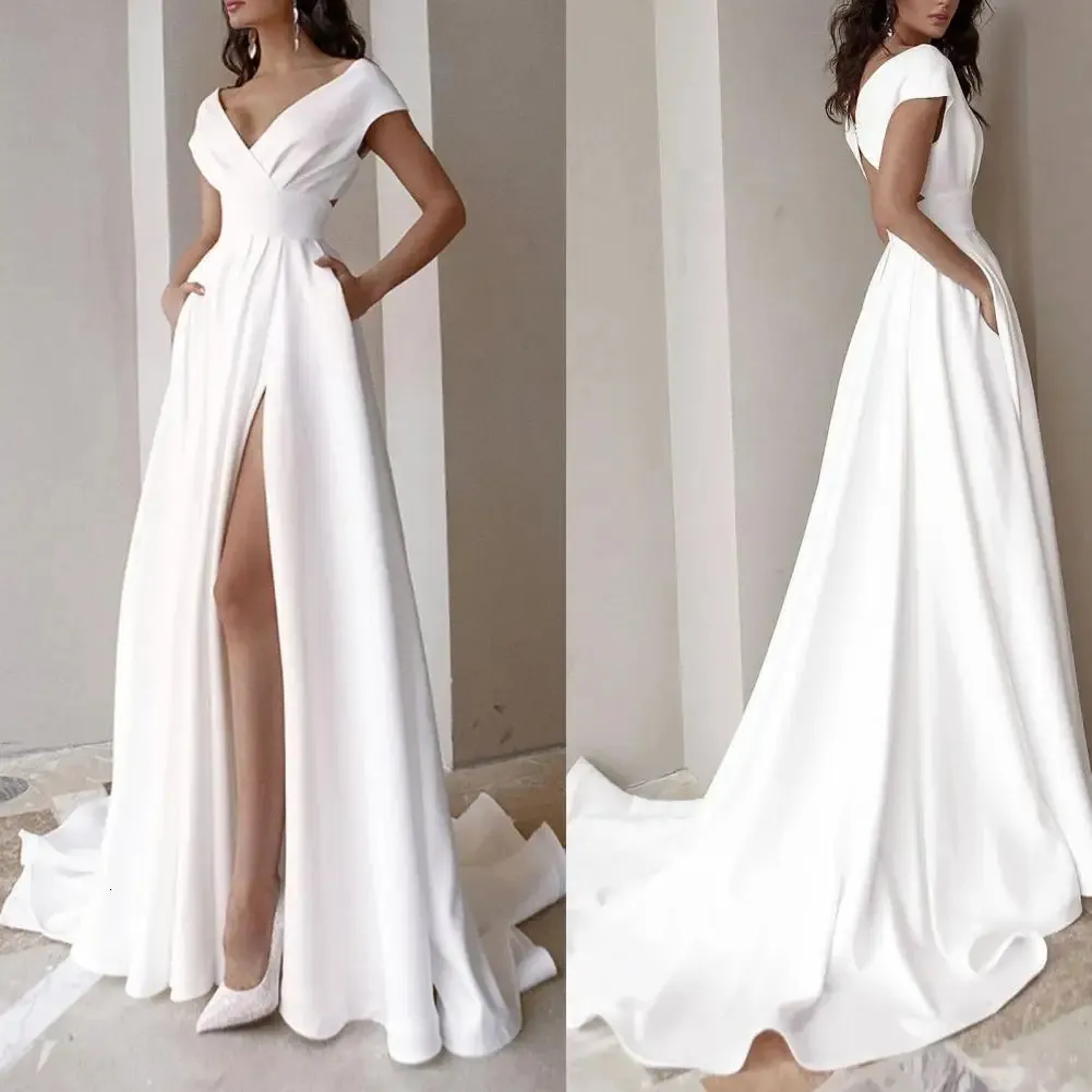 Gown V-neck Side Slit Elegant Dress Lady Formal High Waist for Evening Womens Dresses White Long Skirt 240424