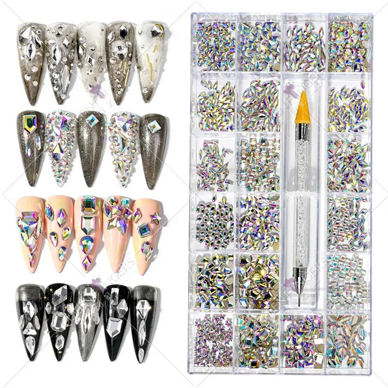 2500pcs Luxury Shiny Diamond Nail Art RhinestonesBox Mixed AB Glass Nail Crystal Gem 21 Grids1pcs Pick Up Pen Kit Nail Decor 240426