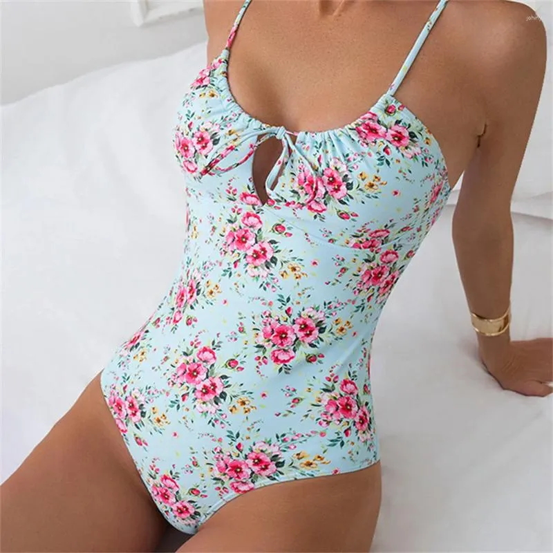 Women's Swimwear Fashion Floral Sling Bikini U-neck Hollow Out Drawstring Swimsuit High Waisted Monokini Swimwears Trend Women Beach Bathing