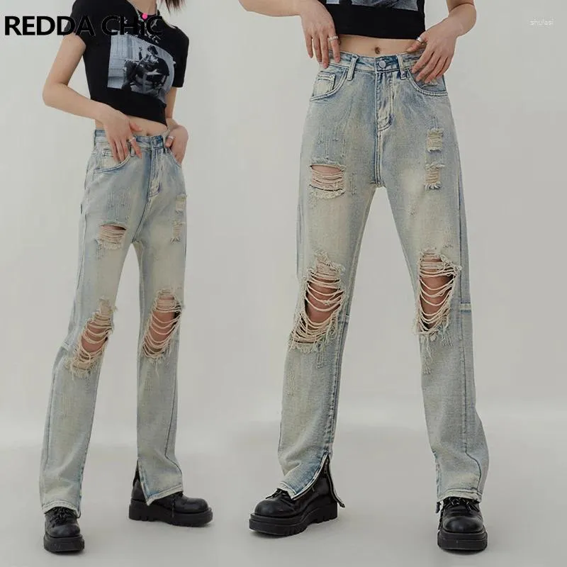 Damesjeans reddachic potloodbroek vrouwen scheurden open-zipper zijspleet acubi mode Koreaanse streetwear broek baddie y2k grunge doek