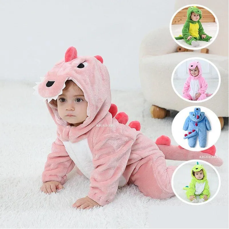 Rompers Kigurumis Lovely Dinosaur Baby Clothes Infant Boys Girls Cartoon Pajamas Onesie Romper Born Hooded Halloween Drop Delivery Dhtb6