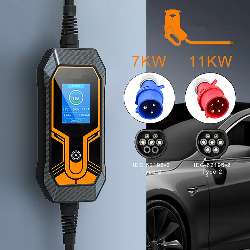 EVSE Charging Box Car Charger 11kw 16A 3 Phase EV Portable Charger 32A 7KW Type 2 5M Cable CEE Plug for Electric Vehicle