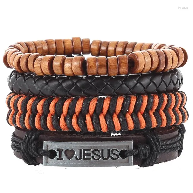 Charm Bracelets 4pcs/set DANKAISHI Hippie Punk Dark Brown Black Leather I Love Jesus Tag Yellowcord Knots Wood Beads Layers Man Bracelet