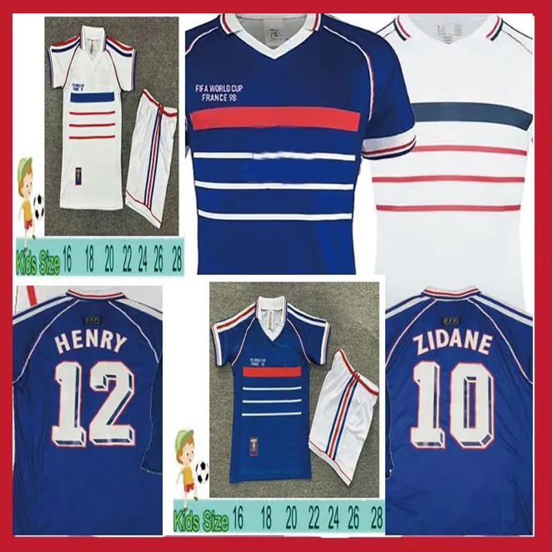 1998レトロサッカージャージーヴィンテージ98 Zidane Henry Maillot de Foot Kids Soccer Shird White Home Trezeguet Football Uniforms