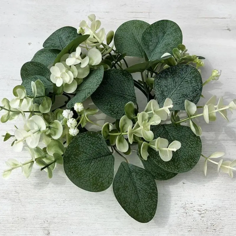 Fleurs décoratives Pilier bougie couronne eucalyptus Anneau ensemble pour la table de fête de mariage à la maison décoration de la pièce maîtresse du vert artificiel