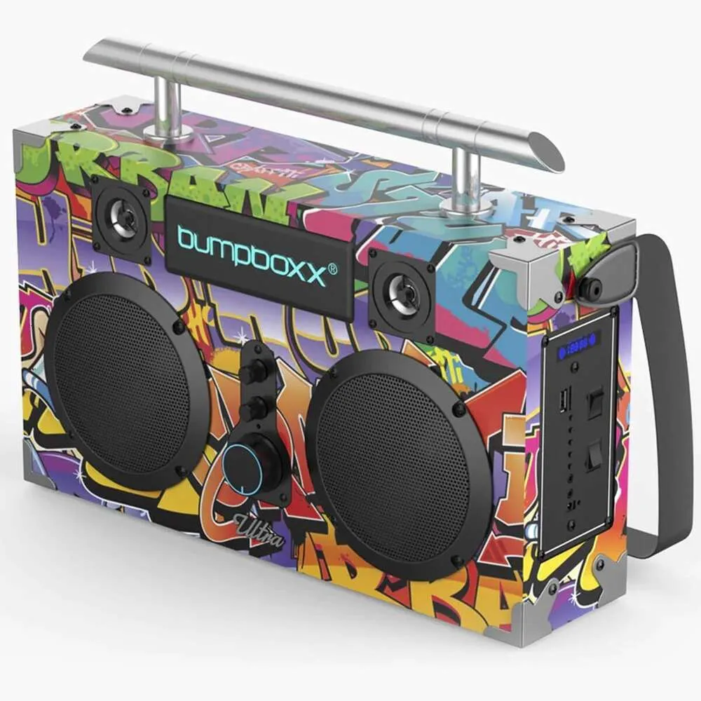 NYC Graffiti Bluetooth Boombox Ultra with Rechargeable Battery & Carrying Strap - Retro Style Speaker for Easy Portability & Wireless Music Streaming