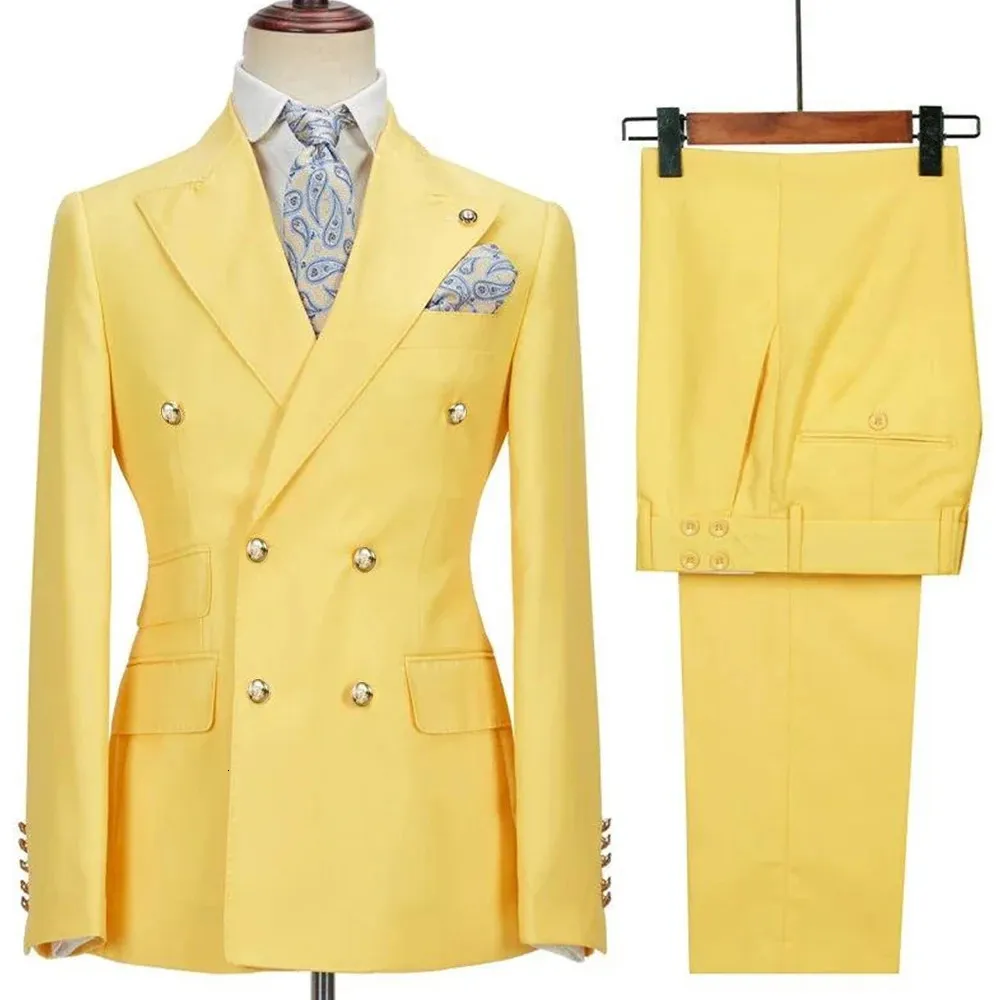 Blazer Hombre Yellow Suits for Men Chic Terno Double Breasted Lapel Elegant Wedding Full Set Male 2 Piece Jacket Pants 240407