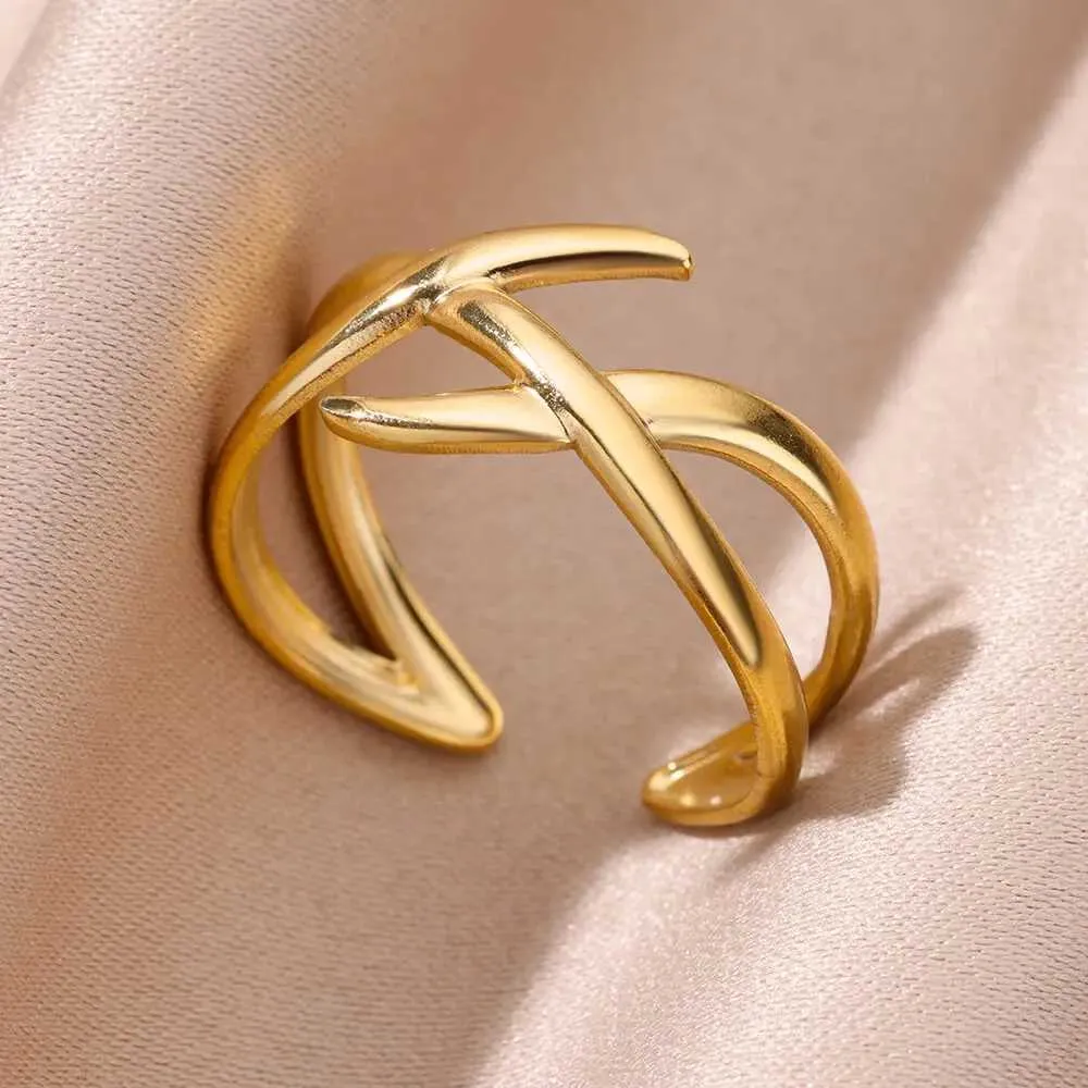 Bröllopsringar rostfritt stål tvärfall öppna ringar för kvinnor guldpläterade estetiska bröllopsring valentiner dag gåva smycken tillbehör