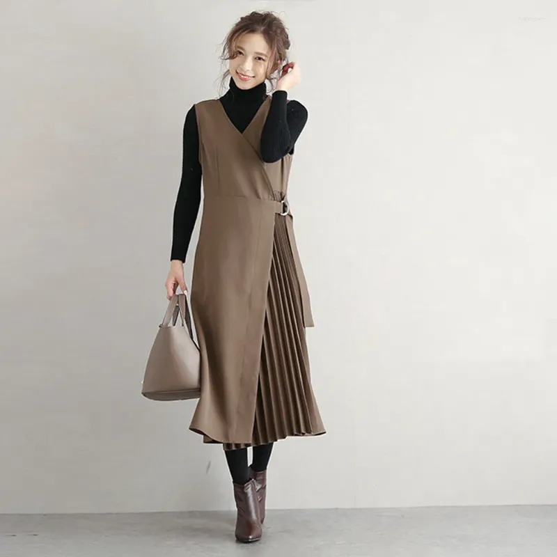 Casual Dresses Japan Korea Retro One Piece Women Streetwear Pleated Mid Long Dress Irregular Vest Fashion Khaki/Purple/Navy/Blue/Black/Beige