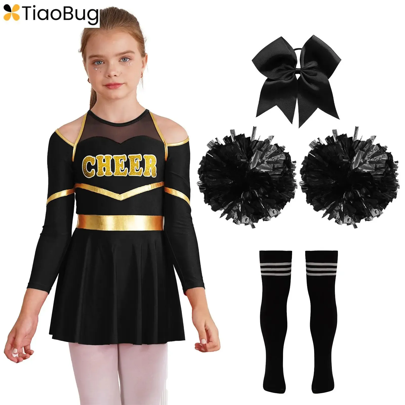 Childrens and Girls Cheerleading Abbigliamento Halloween Uniforme Abito da ballo in ginnastica a maniche lunghe con pompe pompe cravatta intrecciata 240425