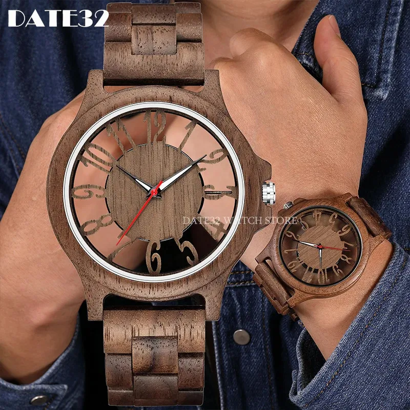 Natural Bambusholz Uhr für Männer Full-Woodden Hollow Case Band Uhren Mann Quarz Armbanduhr echte Holzmänner Uhr männliche Reloj 240425