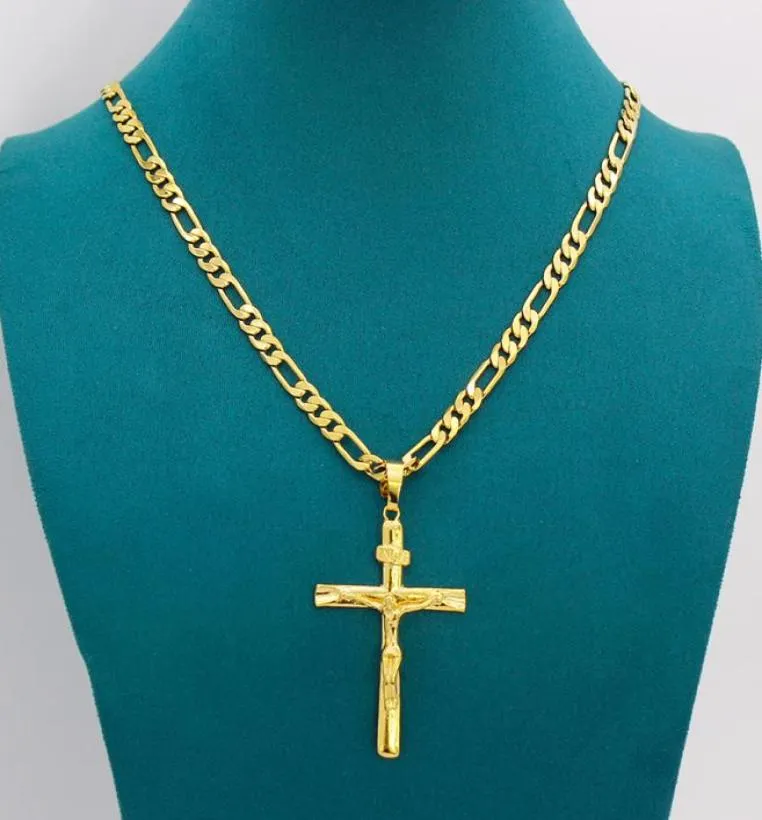 Echte 10K Geel Solid Fine Gold Gf Jesus Crucifix Charm Big Pendant 55*35mm Figaro Chain ketting 24 "600*6mm2835905