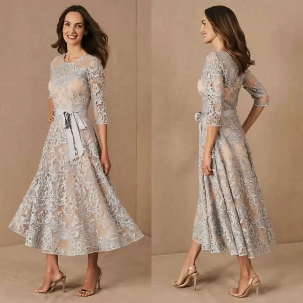 Elegant Jewel Neck A-Line Lace Applique Wedding Guest Lace midi dress with Long Sleeves - Formal Mother Gown for Bride and Groom (CG Ppliques)