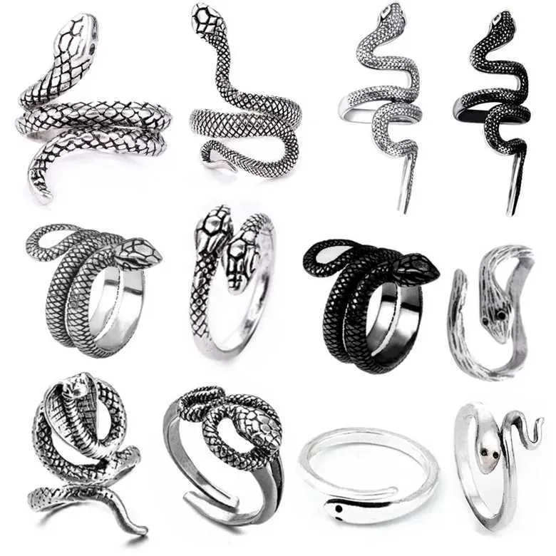 Band Rings Fashionable Antique Silver Metal Punk Open Adjustable Design Snake Animal Exaggerated Finger Ring Womens Party Jewelry Q240427