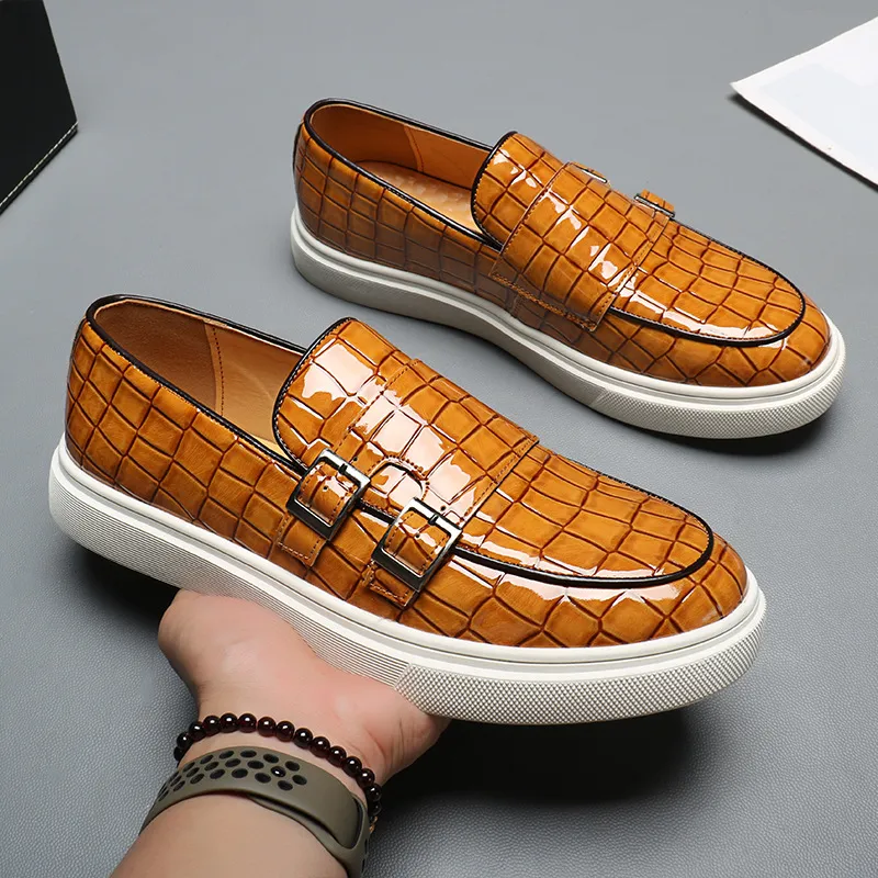 Men's Casual Shoes Crocodile Grain Leather Men Fashion Monk Loafers Mens Slip-on Outdoor Driving Flats