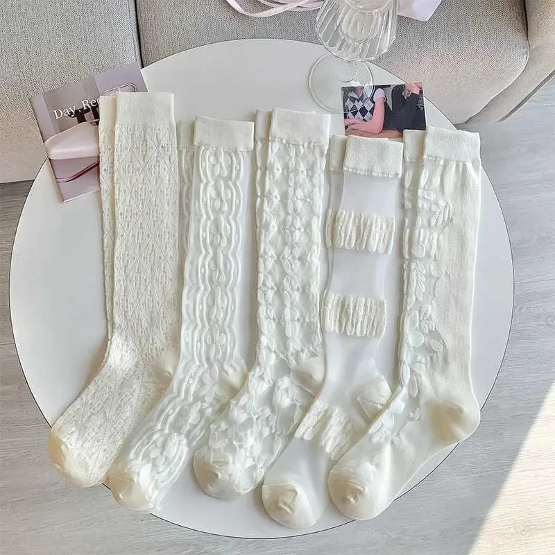 Chaussettes sexy basses en soie en cristal blanc femme été ultra-mince les bas de genou transparent jk lolita kawaii bas de dentelle mignonne Q240427