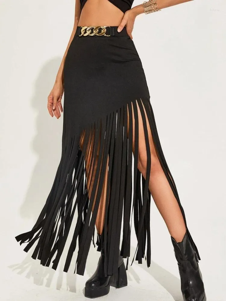 Faldas Lucyshihattu Fringe Bodycon Maxi Falda Cadena de borla de cintura alta Negro Long