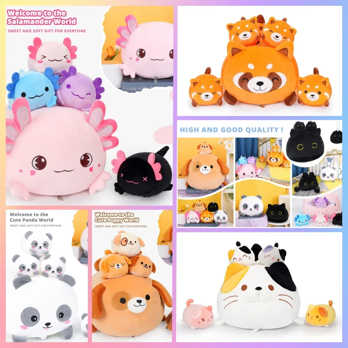 Juguetes aixini linda mamá con 4 almohadas de animales de peluche pequeños kawaii dog menor panda peluche juguete suave gatito gatito almohada