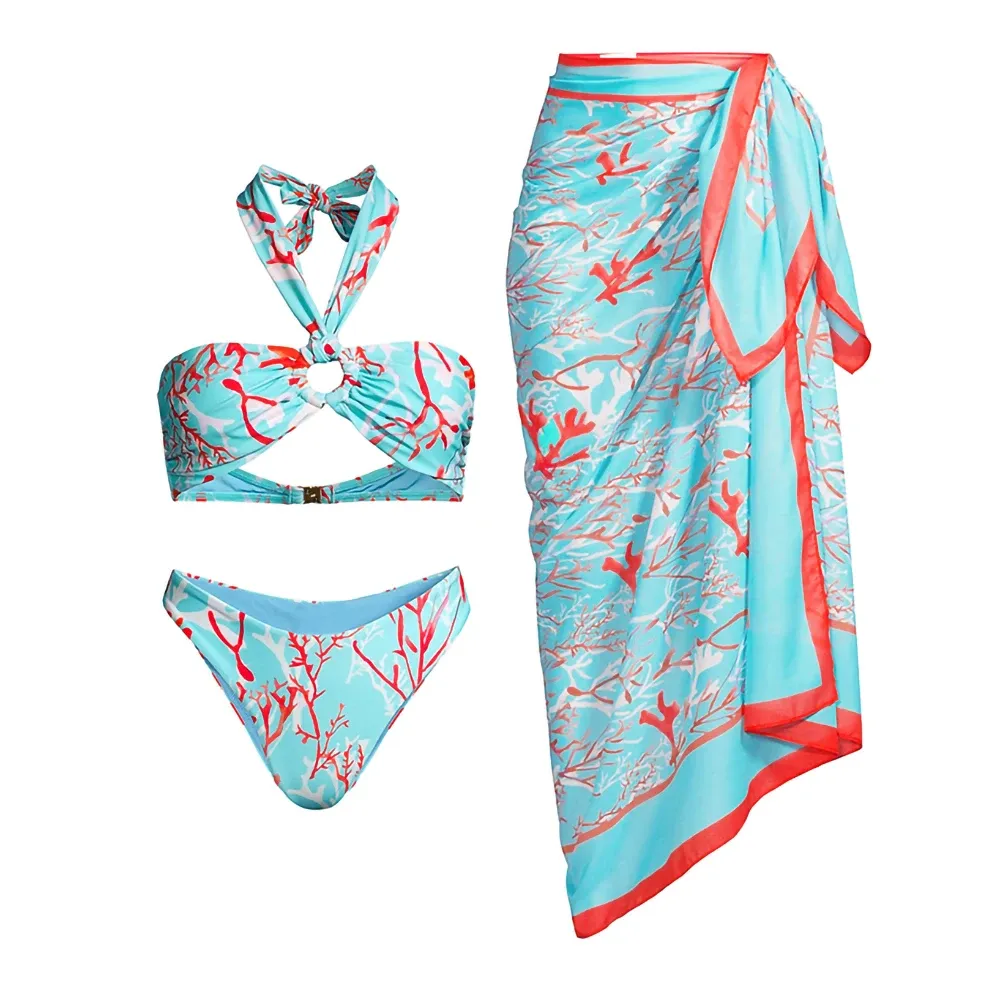 Set Ocean Print Neck Bikini Sexy Cuttout Balter Swimsuit Fashion 2024 Женская блузская блузя пляжная одежда нерегулярная ремешок