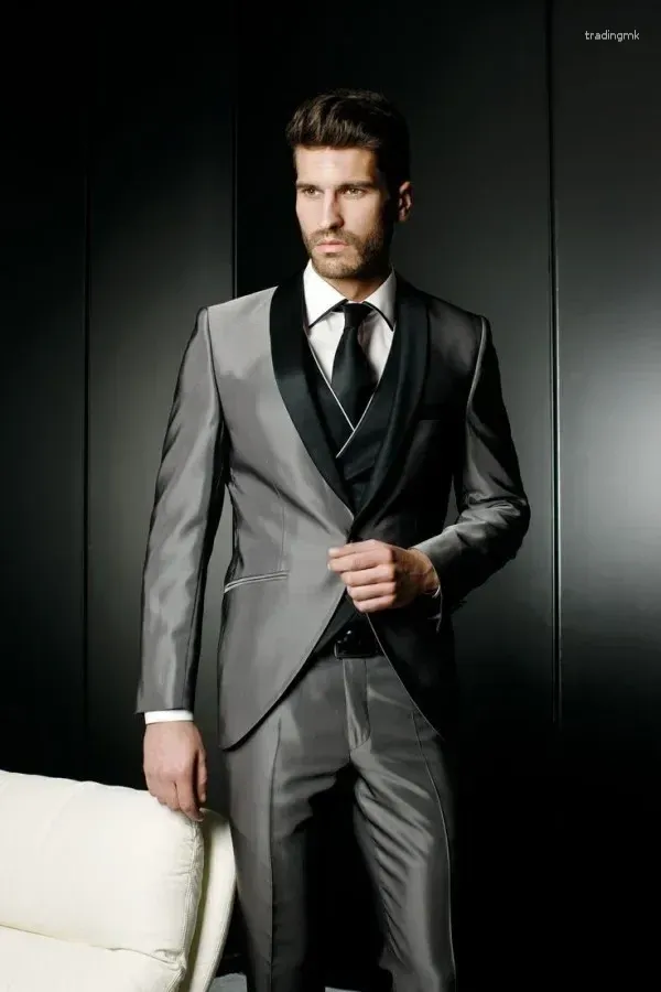 Costumes masculins de haute qualité style italien satin gris hommes combinais