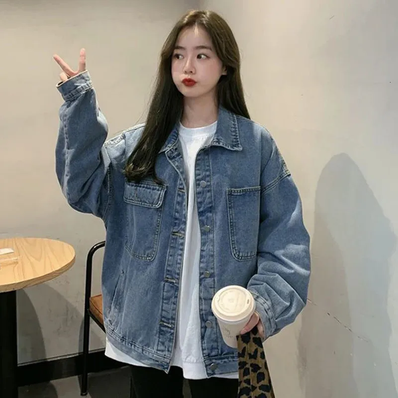 Kvinnor lös denimrock koreansk stil enkelbröst långärmare jacka kvinna vår höst vintage casual jean topps mujer 240416