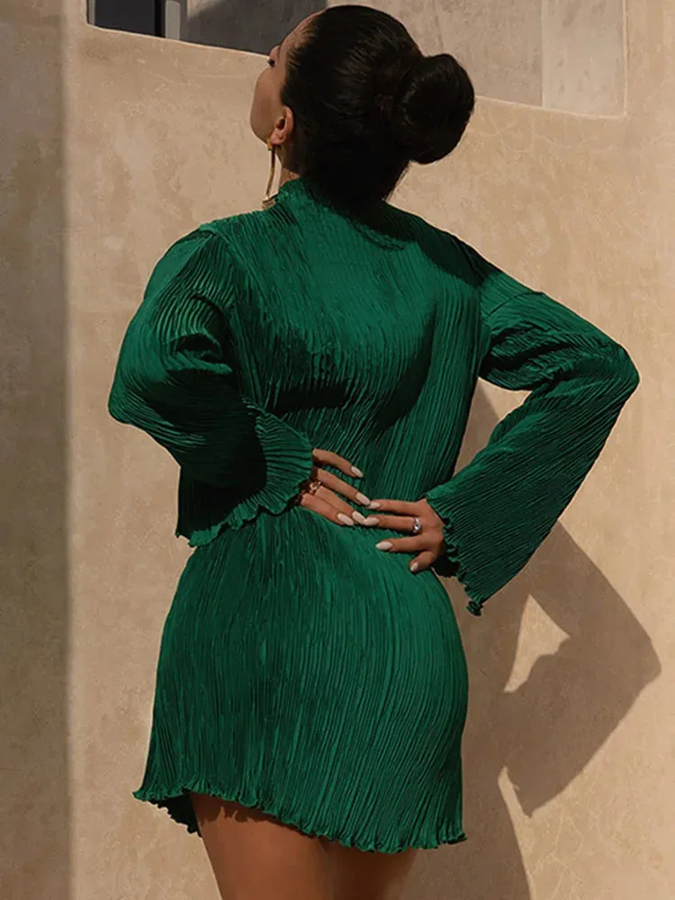 Womens elegant long sleeved street clothing green autumn mini dress 2024 autumn clothing 241128