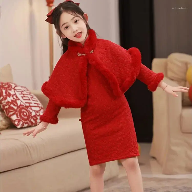 소녀 드레스 중국 스타일의 부모-자녀 청자 벨벳 두꺼운 목도리 여자 패션 년 드레스 여자 옷