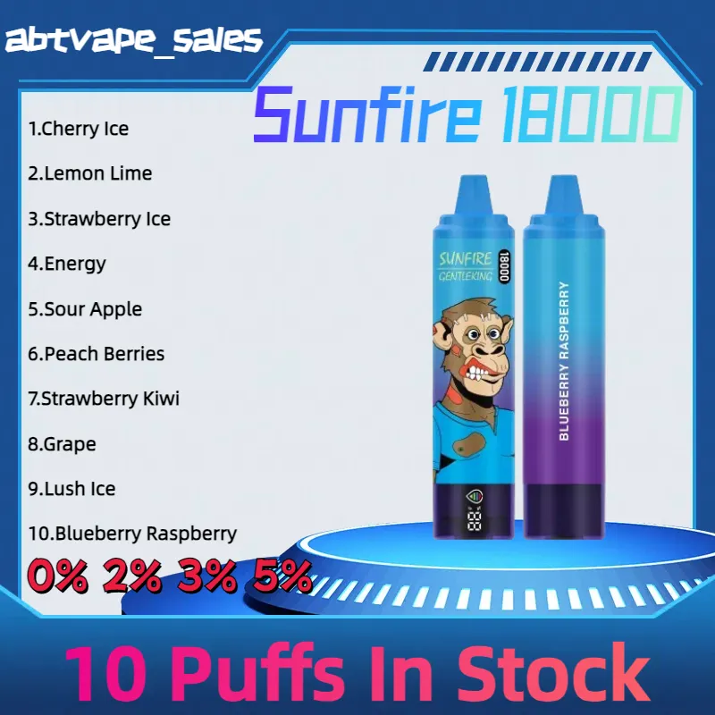 Original Sunfire 18000 puff 18K 25ml Disposable Vape pen Pod Device 0% 2% 3% 5% Screen Display puff 12000 Rechargeable e cigarette Flashing Vape in France Germany Spain