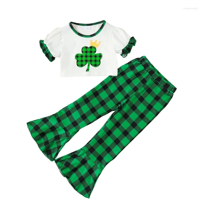 Kledingsets Summer St. Patrick's Day Kids Girls Broek Witte korte mouw Clover Print Tops Green Plaid Flarding