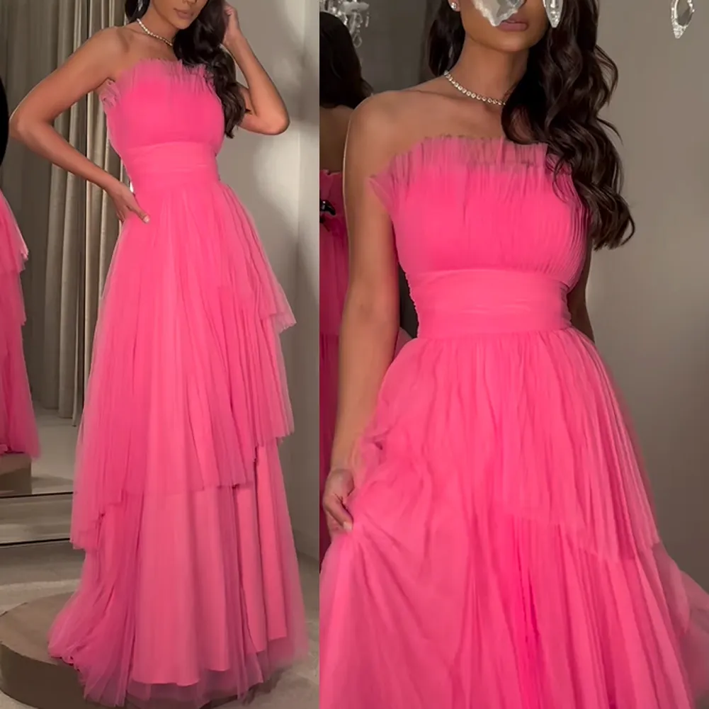 Strapless Evening Dress Long A Line Prom Dresses Sleeveless Tulle Formal Party Prom Gown