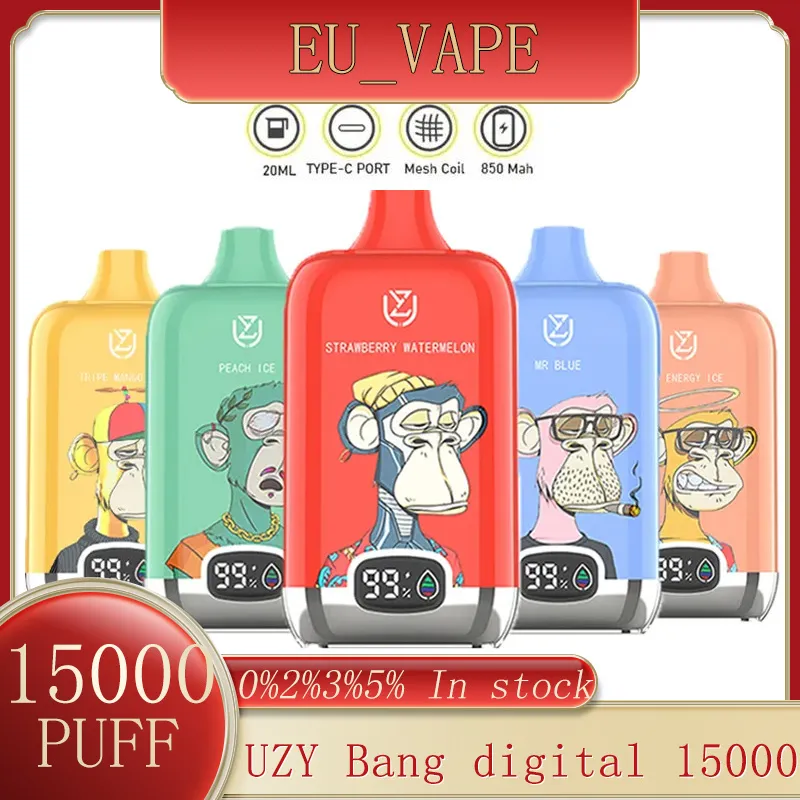 Uzy Bang Digital 15000 Puffle jetable E Cigarettes Indicateur d'indicateur d'huile 1,2 ohm Bobine de maille 20 ml Pod Batterie rechargeable E Cigs Puff 15K 0% 2% 3% 5% Vape Kit Vape