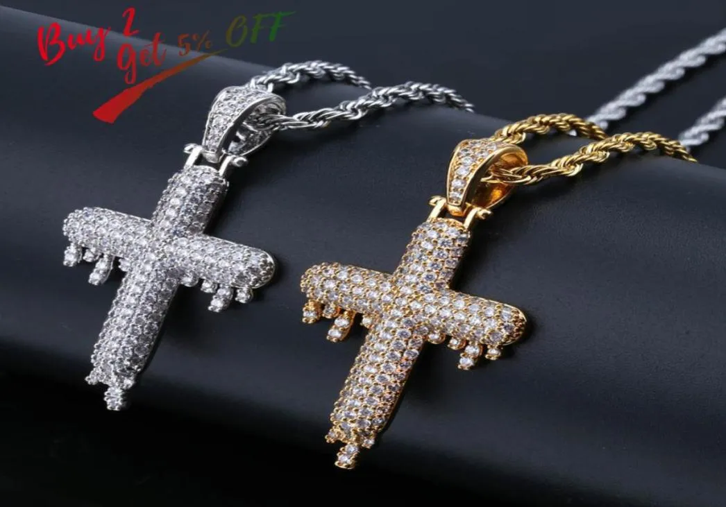 Men039s Hip Hop Religious Drop Cross Pendant Necklace Gold Silver Color Cubic Zircon Jewelry Necklaces Rope Chain gifts for wom1987170