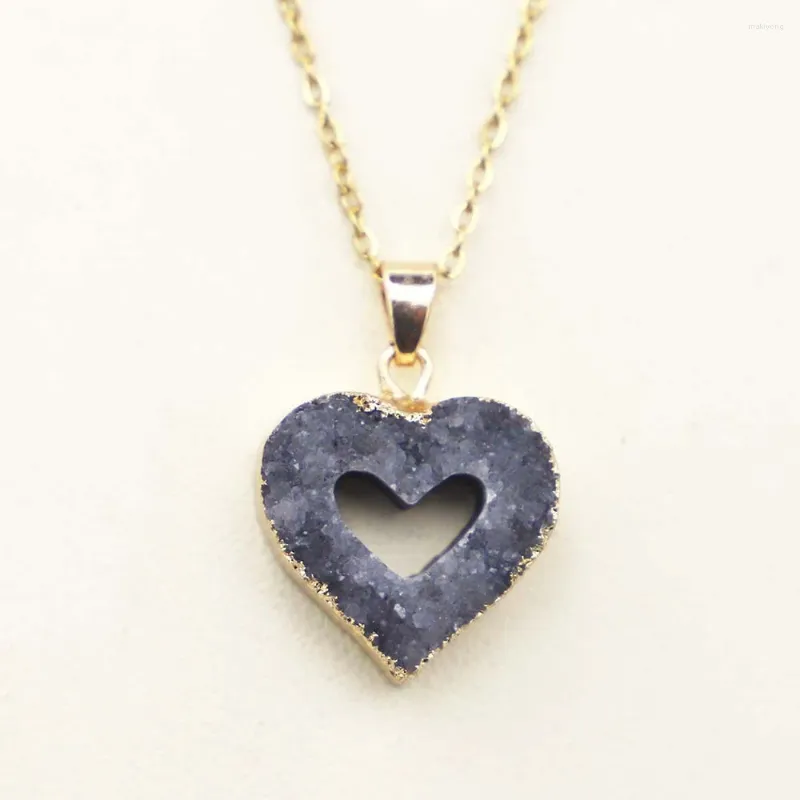 Pendant Necklaces Selling Natural Stone Heart Shape Black Agate Druzy Gold Plated Charms Fashion DIY Jewelry Making Earring 4Pcs