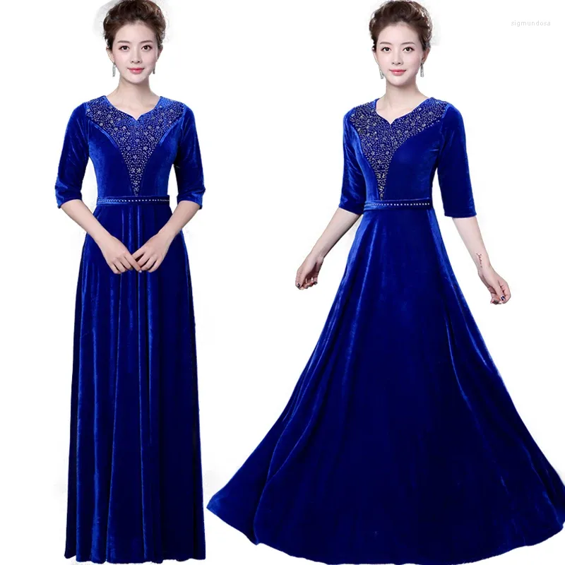 Partykleider DLH-80#Abendkleid Langes ältere ältere Frauen Performance Kostüm Burgund Blau rotes Gold Samt Stoff Drill