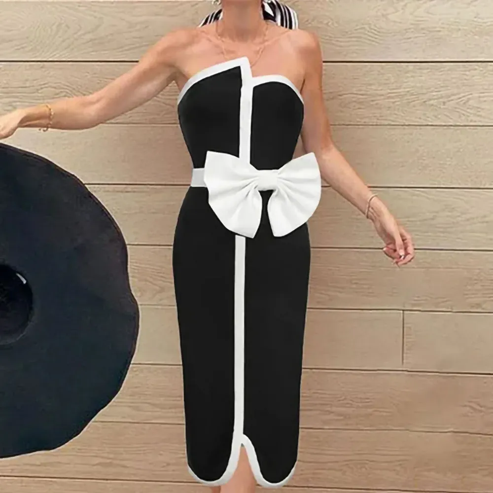 Set 2024 Black & White Spliced Swimsuit Women'S Elegant Tube Top Bow Belt Bikini Irregular Hip Beach Skirt Vintage Pool Swimwear