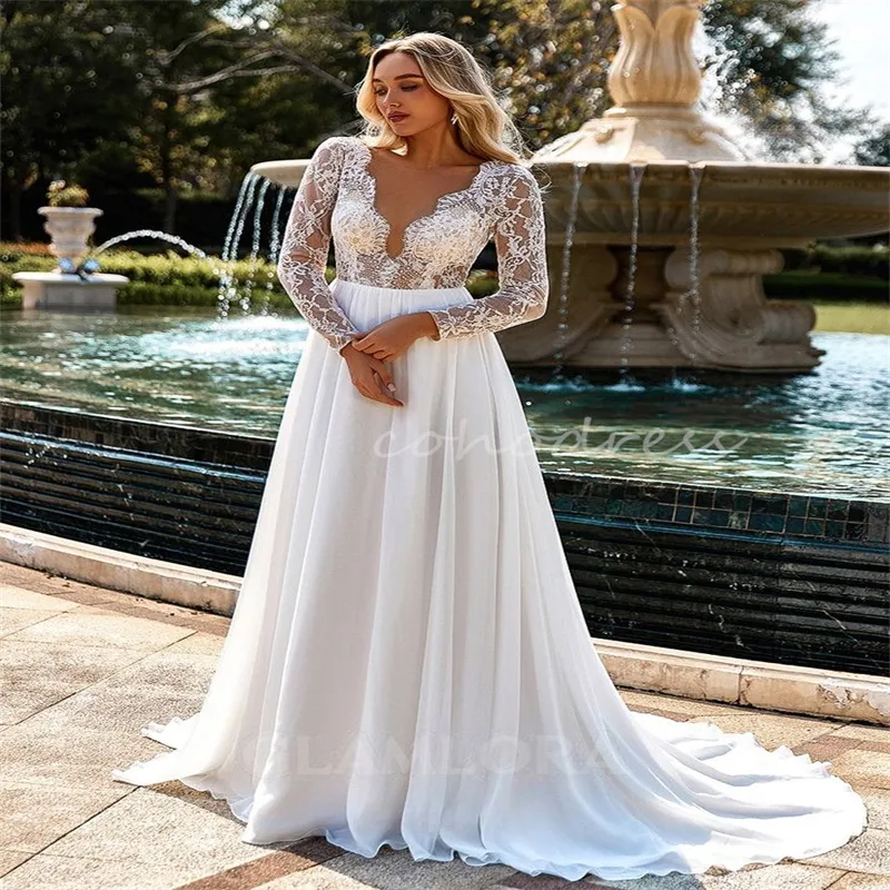 Boho Rustic V-Neck Lace Long Sleeve Wedding Dress Floor-Length Tulle Bridal Gown with Backless Design Bohemian Style from Dhgate A-Line Wedding Dresses - price 114.47 Boho Rustic V-Neck Lace Long Sleeve Wedding Dress Floor-Length Tulle Bridal Gown with Backless Design Bohemian Style from Dhgate A-Line Wedding Dresses - price 114.47
