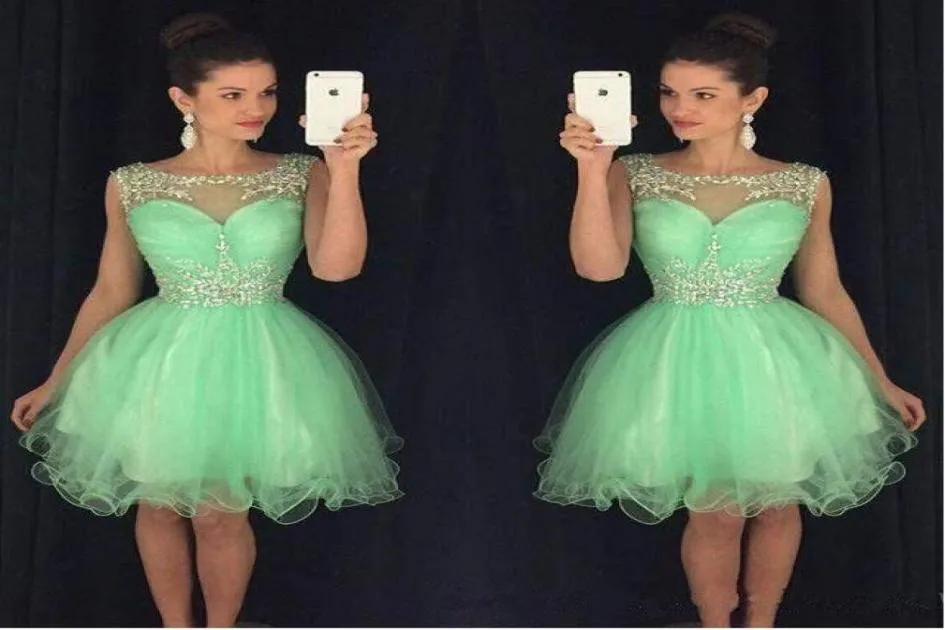 Mint kristal geel schep nek mouwloze korte homecoming jurken met kralen halslijn vestido 2019 aline semi prom jurns 8e gr3289484