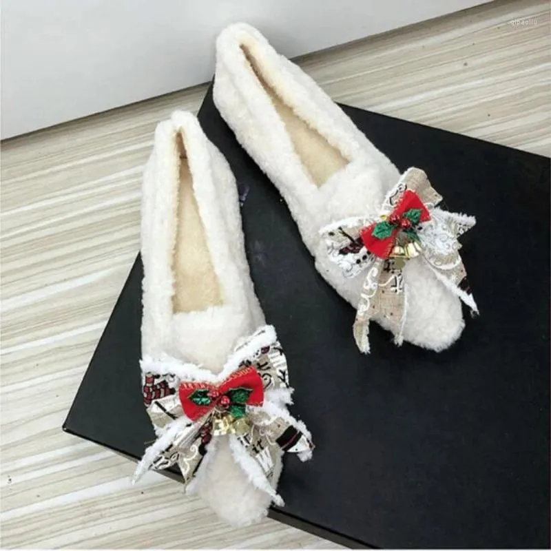 Casual Shoes White Winter Christmas Snowflake Bell Bow Tie Women's Flat Zapatos De Mujer Pointed Velvet Lolita