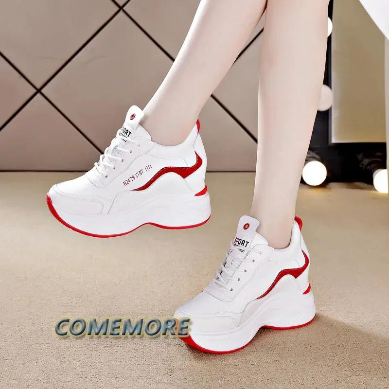 Dames lederen platform sneakers lente witte schoenen hoge hakken wig outdoor sport schoenen ademen ronde teen casual schoenen 24042222