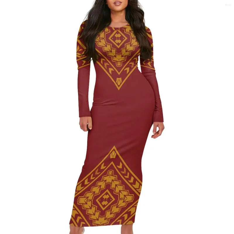 Abiti casual Polinesia Tribal Fijian Totem Tattoo Fiji Stampe in chiffon Abito a maniche lunghe Women's Spring e Autunno Retro Femme Robe