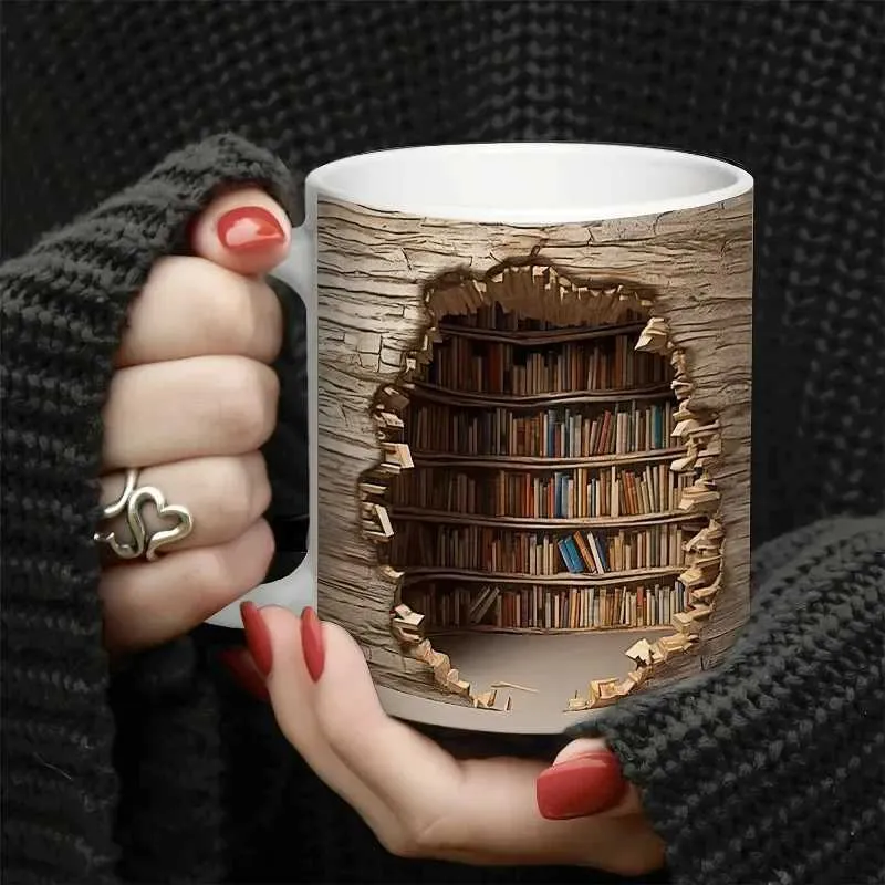 Mugs 1 piece 3D bookshelf breakthrough coffee cup ceramic coffee cup bookshelf water cup summer beverage J240428