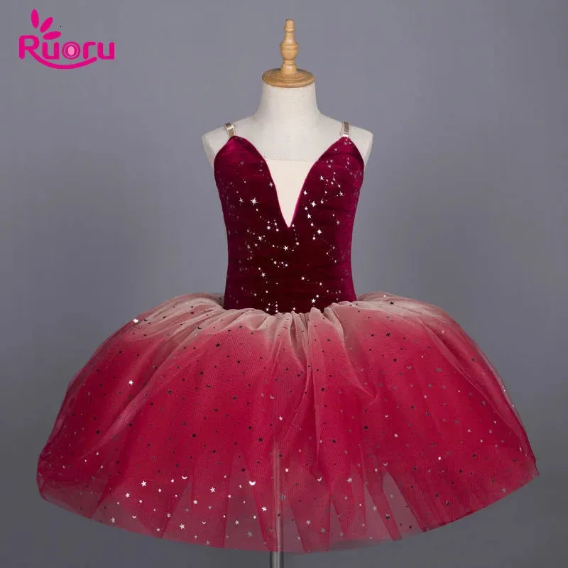 Ruoru Blingbing Red Color Girls Dress Kids Costume Vestido de balé Tutu Salia com tiras ajustáveis Vestido Ballerina collant 240412