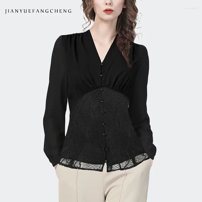 Women's Blouses 2024 Spring Long Sleeve Black Chiffon Blouse V-Neck Bottoming Shirt Slim Cinched Waist Lace Spliced Fashion Office Lady Tops