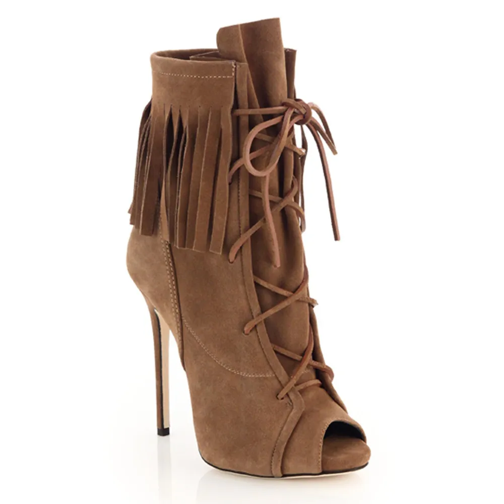 2024 NIEUWE SUEDE COOD SIN LEDER LEDER BOOTEN MOTORSCYCLE BOTES Knight Booties Peep-Toes Zipper Rivets Knie Catwalk Zipper Zip Tassel Veter op Stiletto Hoge hakken Maat 34-46