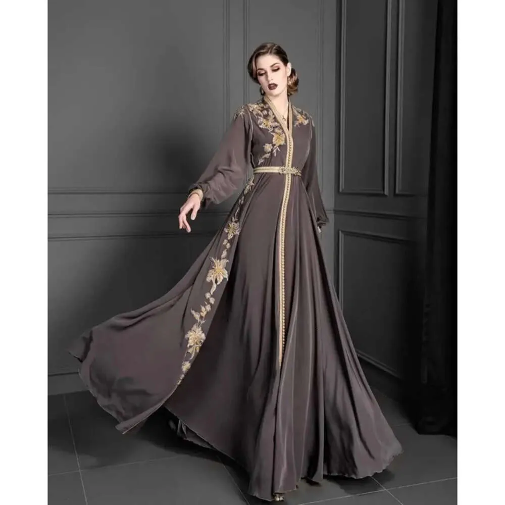 Kaftan Marokkaanse elegante mouwen lange avond v nek een lijn formele ocn -jurken gouden bloemen kanten appliques vrouw prom jurken duabi caftan henna feestjurk ppliques