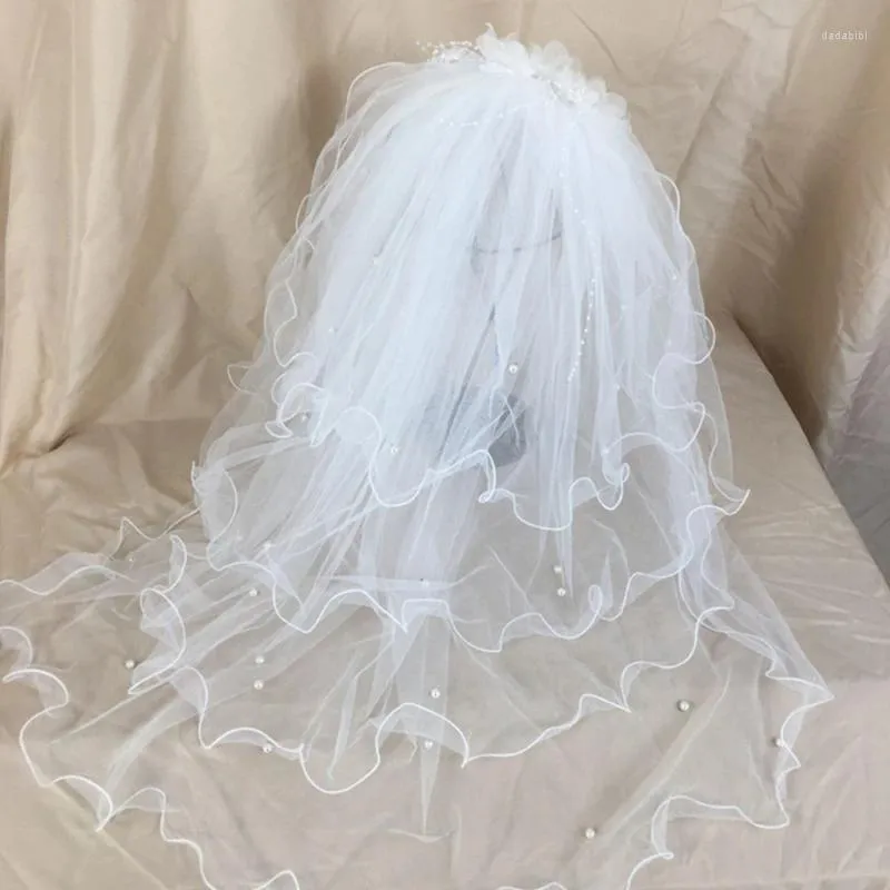 Bridal Veils 4 Layers Imitation Pearl Beading Soft Tulle Short Wedding Veil Romantic Vintage Artificial Flower Women Hair With