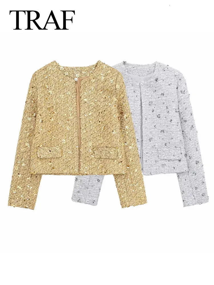 TRAF Vintage Casual Chic Women Jackets Sequins O-Neck Open Stitch Long Sleeve Coats Fashion Spring Holiday Coats 240423